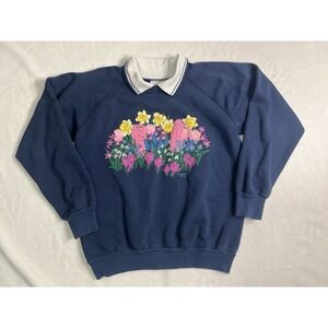 VTG Morning Sun Navy Floral Collared Pullover Sweatshirt Embroidered Women's L